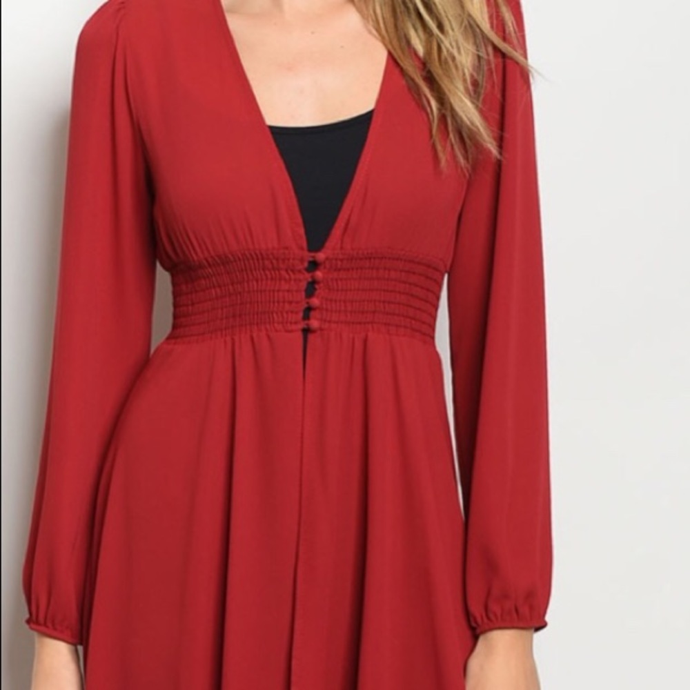 Wine High Low Babydoll Elastic Waist V-neck Top - Picture 2 of 8
